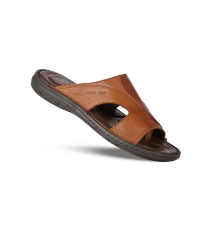 Side Profile View | Men's Lightweight Tan Leather Comfort Slide Slippers - Side Profile