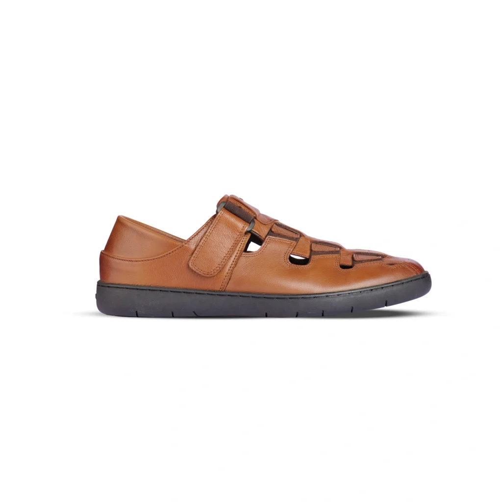 Side Profile View | Men's Breathable Tan Leather Cut-Out Sandals - Side Profile