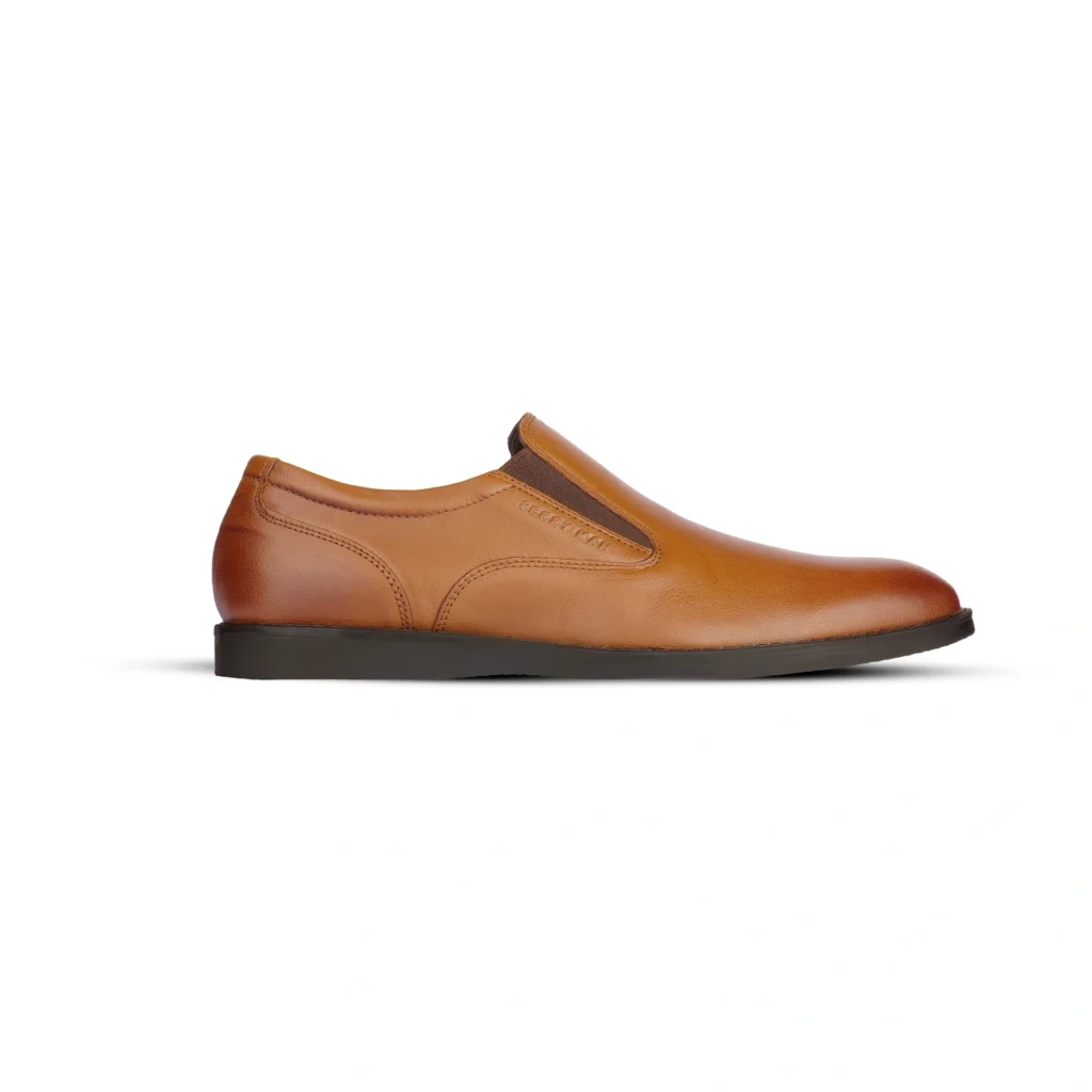 Side Profile View | Men's Classic Tan Leather Slip-On Dress Shoes - Side Profile